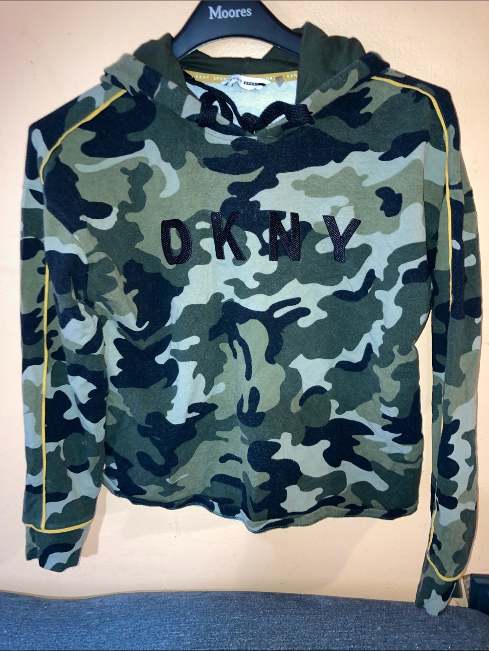 DKNY Women's Green Camo Hooded Sweater with Yellow Trim